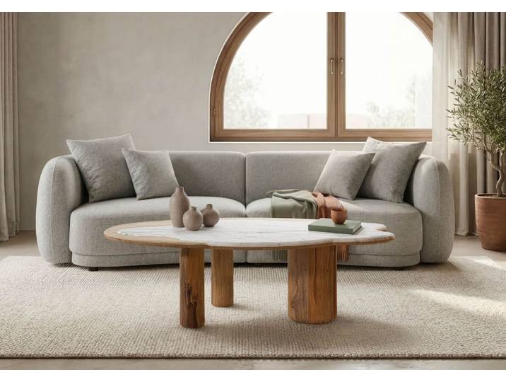 Couchtisch Sheesham 120x70x35 natur sandgestrahlt lackiert / Marmor weiß ORGANIC COLLECTION #30