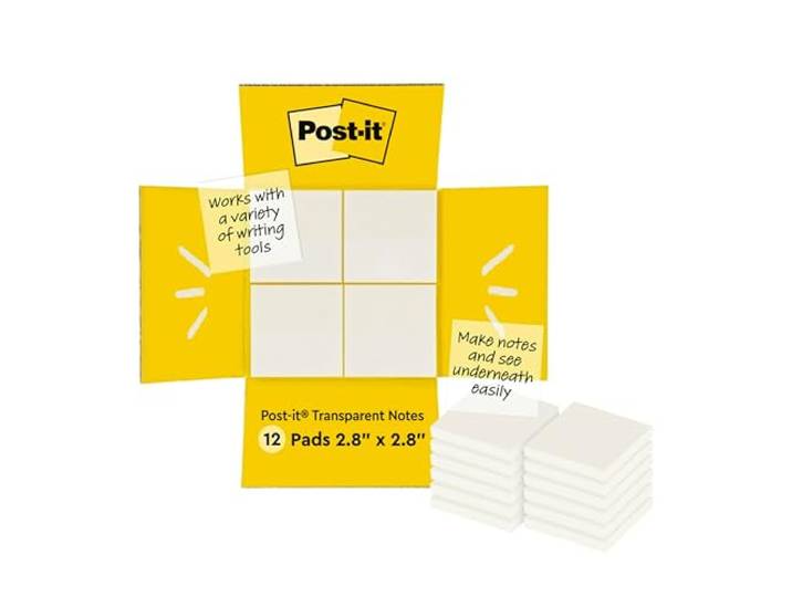 Post-it Notities, transparant, 12 blokken, 36 vellen per blok, 73 mm x 73 mm, doorschijnend, herpositioneerbare notities voor scholieren, voor notities in schoolboeken