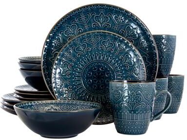 Elama Deep Ocean Mandala 16 Piece Round Stoneware Dinnerware Set