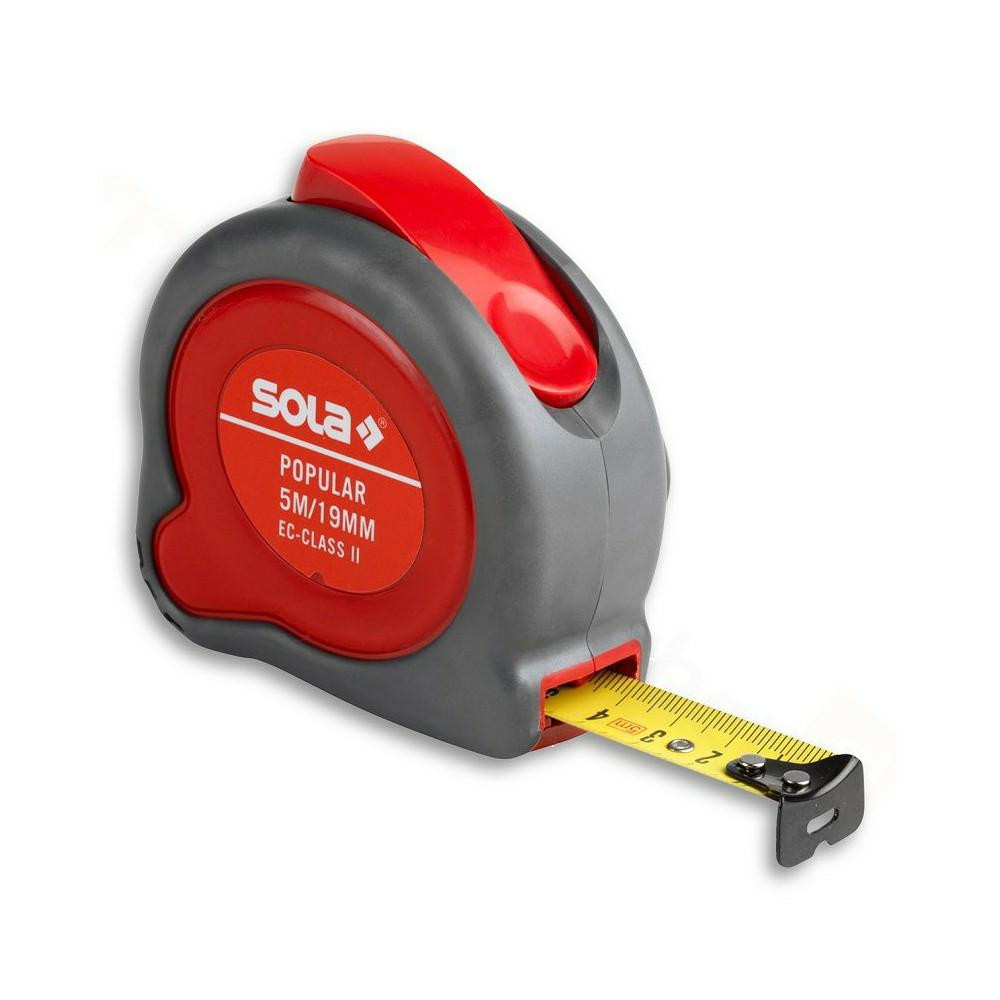 Sola Popular Meetlint, 3 meter, 13 mm, Geel, Professioneel rollend meetlint met riemclip en verstelbare eindhaak