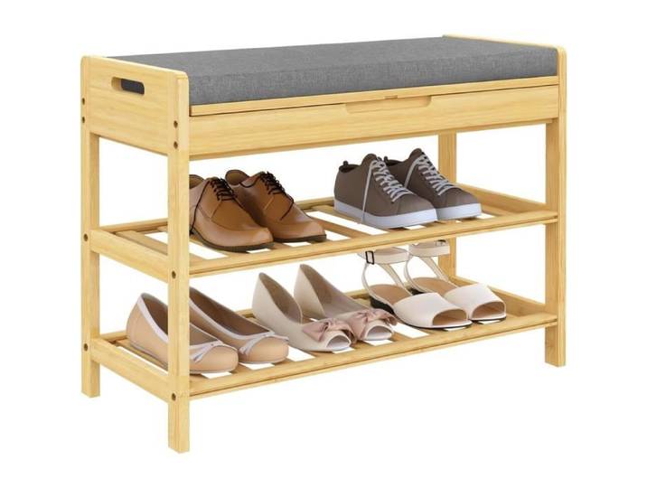 Banc à Chaussures - WOLTU - Siège Rembourré - 2 Étagères - Bambou + Gris