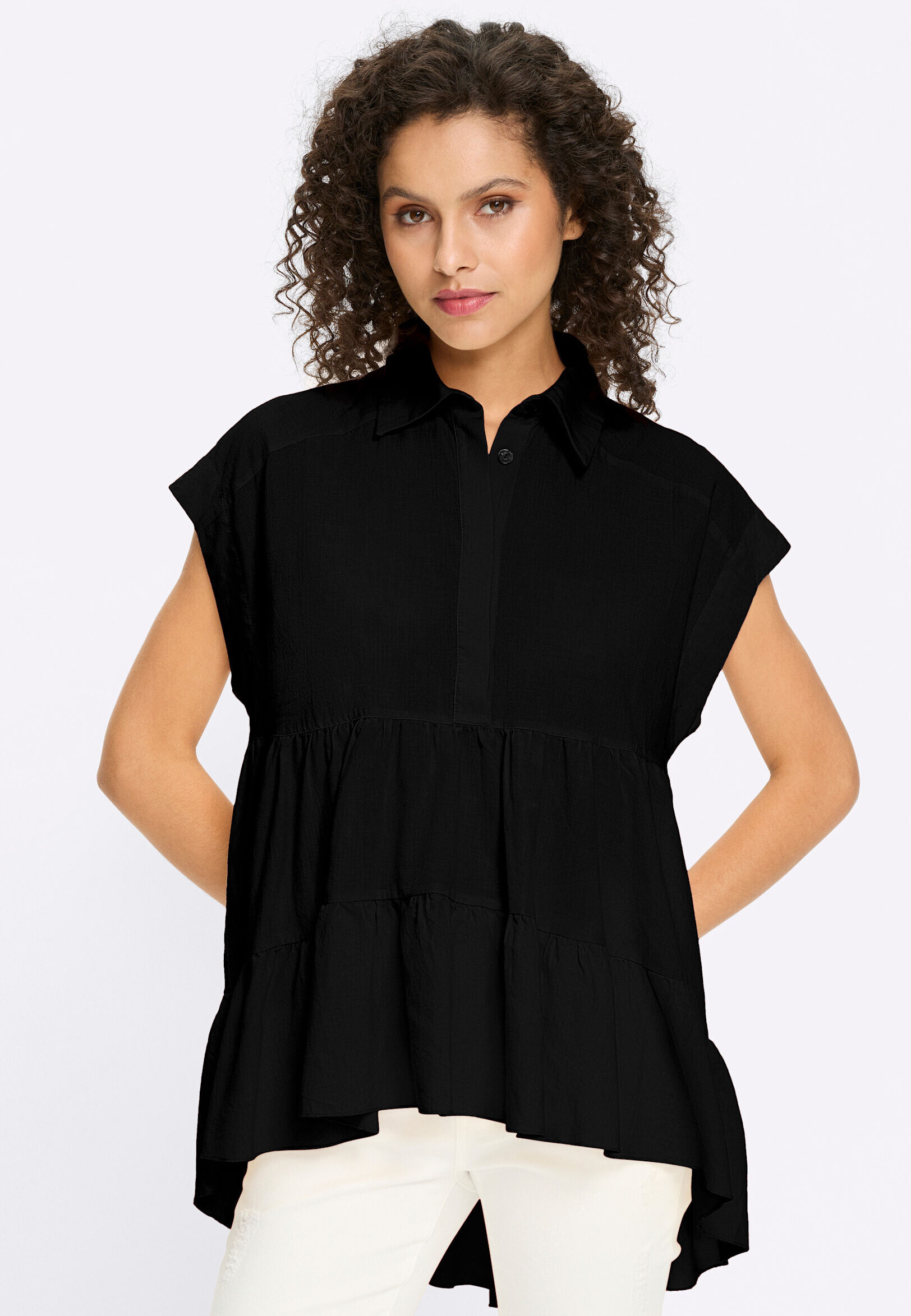 Schlupfbluse HEINE "Kurzarmbluse Baumwollbluse im Empire-Stil", Damen, Gr. 34, schwarz, Web, Stoff, , Modisch, Blusen Schlupfbluse