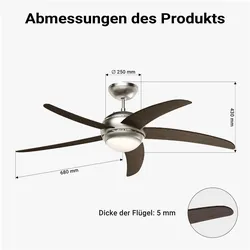 Wiltec Deckenventilator, Ventilator, Schwarz