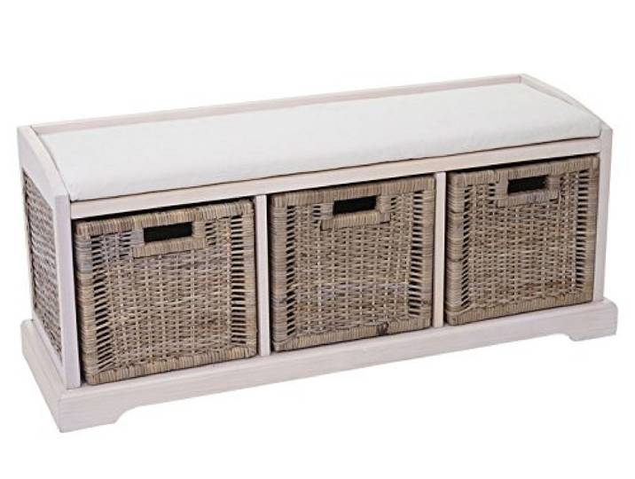 Mendler Sitzbank Bienne, 112x46x37cm - weiß Aufbewahrungsbox, 3 Körbe, Kubu-Rattan-Geflecht
