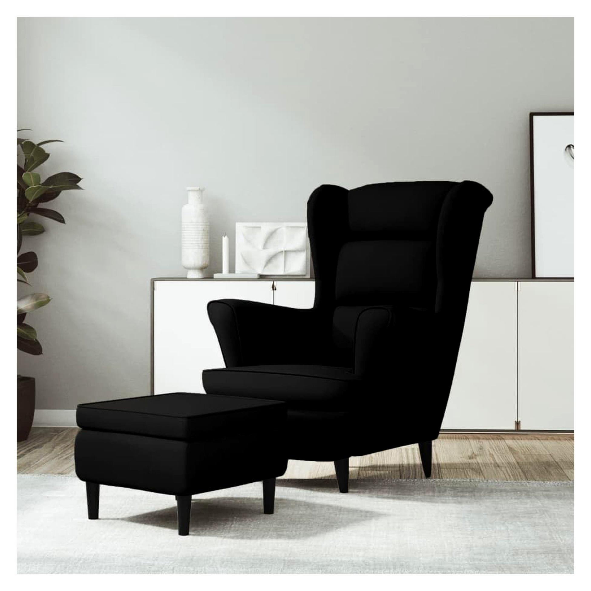 Ohrensessel mit Hocker aus blauem Samt, gepolstert und stabil zum Entspannen