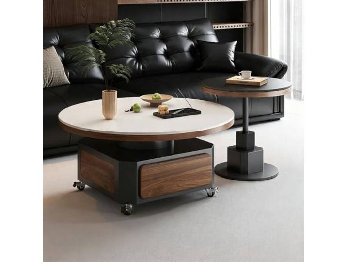 Set aus 2 runden, ineinander schiebbaren Couchtischen mit Schubladen Moderner Couchtisch aus Sinterstein – exklusiver Mittelpunkt für Luxusvillen und gehobene Wohnbereiche(A+B,31.5in)