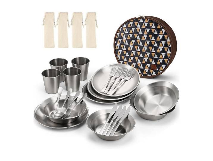 LuxusKollektion Besteck-Set Campingbesteck 25tlg Edelstahl Etui Messer Gabel Löffel für 4 Person