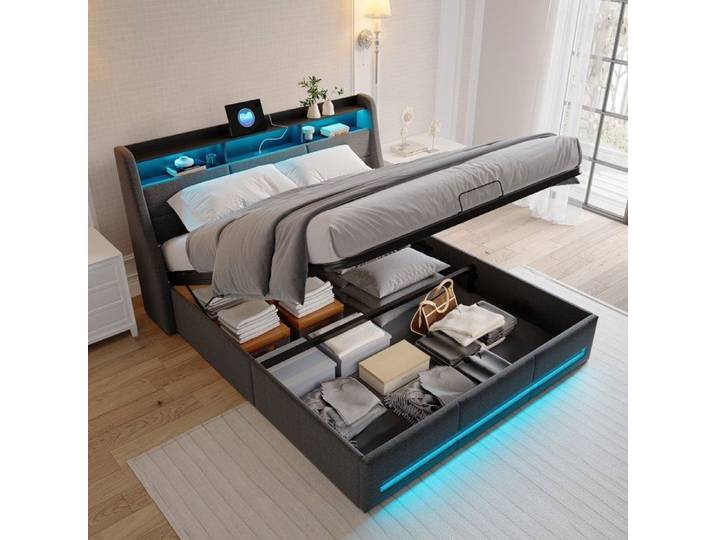 litcoffre 160 200 coffre lit 160 x 200 avec sommier lit adulte lit double avec LED réglable et chargement USB lin Gris foncé