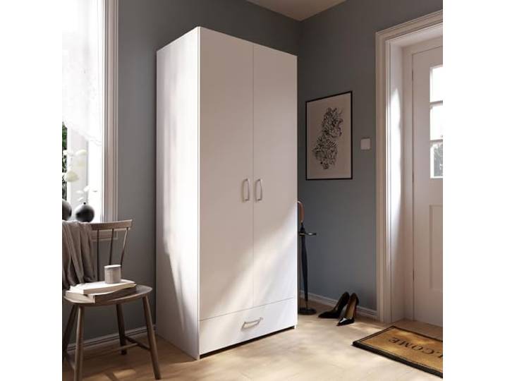 Forte ECONOBOX Kleiderschrank 80, klassischer Schrank mit 2 Türen und 1 Schublade, Holzwerkstoff, Weiß, 79,7 cm breit, 190,5 cm hoch, 54,4 cm tief