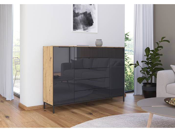 Buffet Flipp Verre avec structure 111 cm 160cm Bois/Marron/Imitation chêne Artisan/Gris