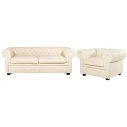 SOFA-SET 4-sitzer Leder Beige Chesterfield