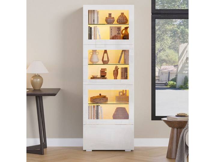 Vitrine Armoire en Acrylique Armoire de Rangement à Haute Brillance avec éclairage LED 3 étages en Verre Vitrine Salle à Manger