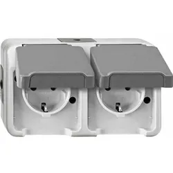 Merten AQUASTAR Steckdose, 2f, lichtgrau, matt, Aufputz, horizontal, mit Klappdeckel, IP44, Komplettgehäuse