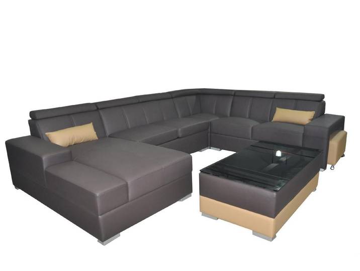 JVmoebel Wohnlandschaft Moderne U-Form Ledercouch in Schwarz-Beige mit verstellbarer Ottomane, Made in Europa