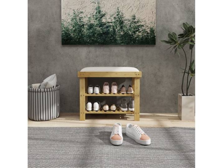 Banc A Chaussures En Bambou Creme Etagere A Chaussures FloraGrace Pour Entree Et Couloir 2 Etageres Ouvertes 60x29x49cm