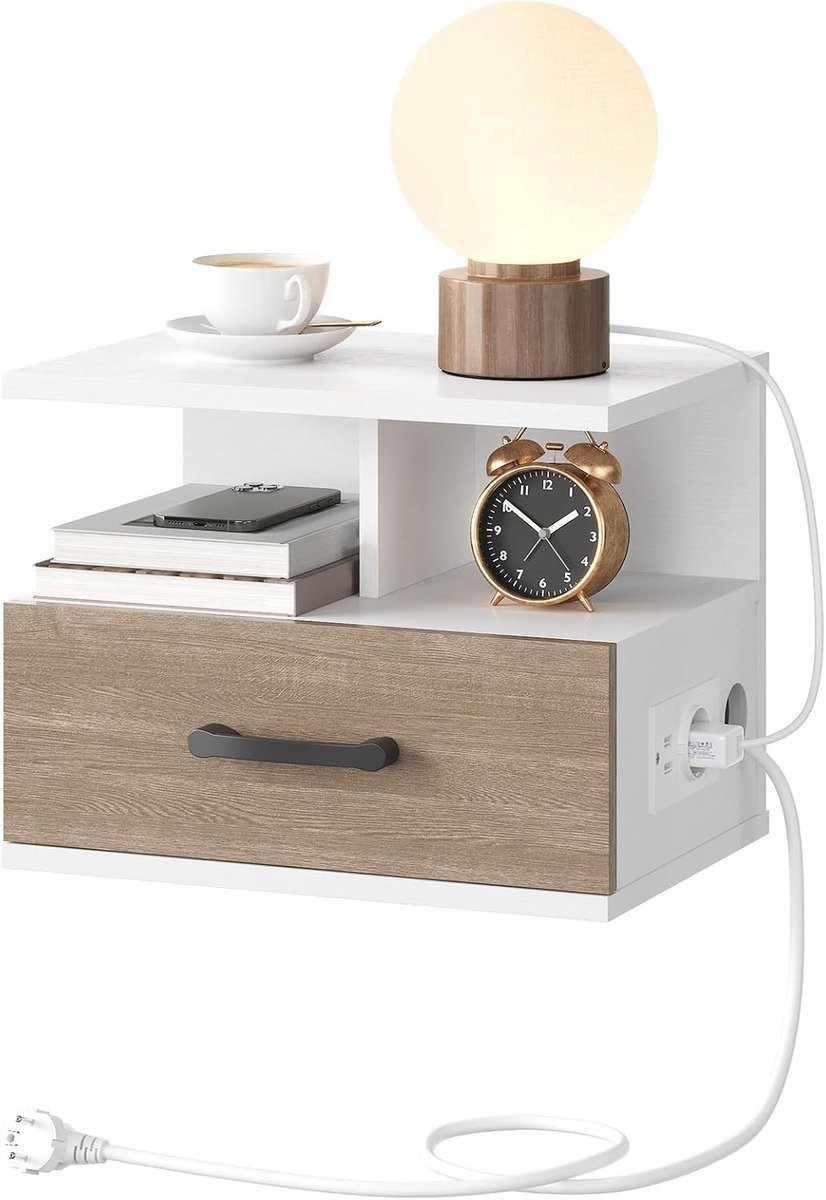 Modern Hangend Nachtkastje met Oplaadstation en Opbergruimte voor de Slaapkamer, Wit