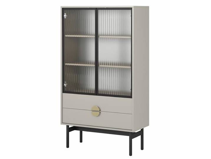 Selsey Vitrine Glas Vitrinenschrank Glasvitrine Wohnzimmer Glastür Niedrig 84 cm 2 Schubladen 3 Fächer Graubeige Stoon