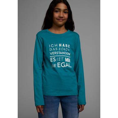 Langarmshirt KIDSWORLD "Ich hab das schon verstanden - es ist mir nur egal", Mädchen, Gr. 164/170, blau (petrol), Single Jersey, Obermaterial: 100% Baumwolle, bedruckt, Basic, Rundhals, Shirts Langarmshirt, Langarm, Basic-Passform, mit...
