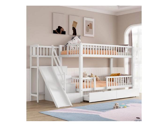 LuxusKollektion Kinderbett Etagenbett 90x200 Weiss mit Rutsche & Schubladen