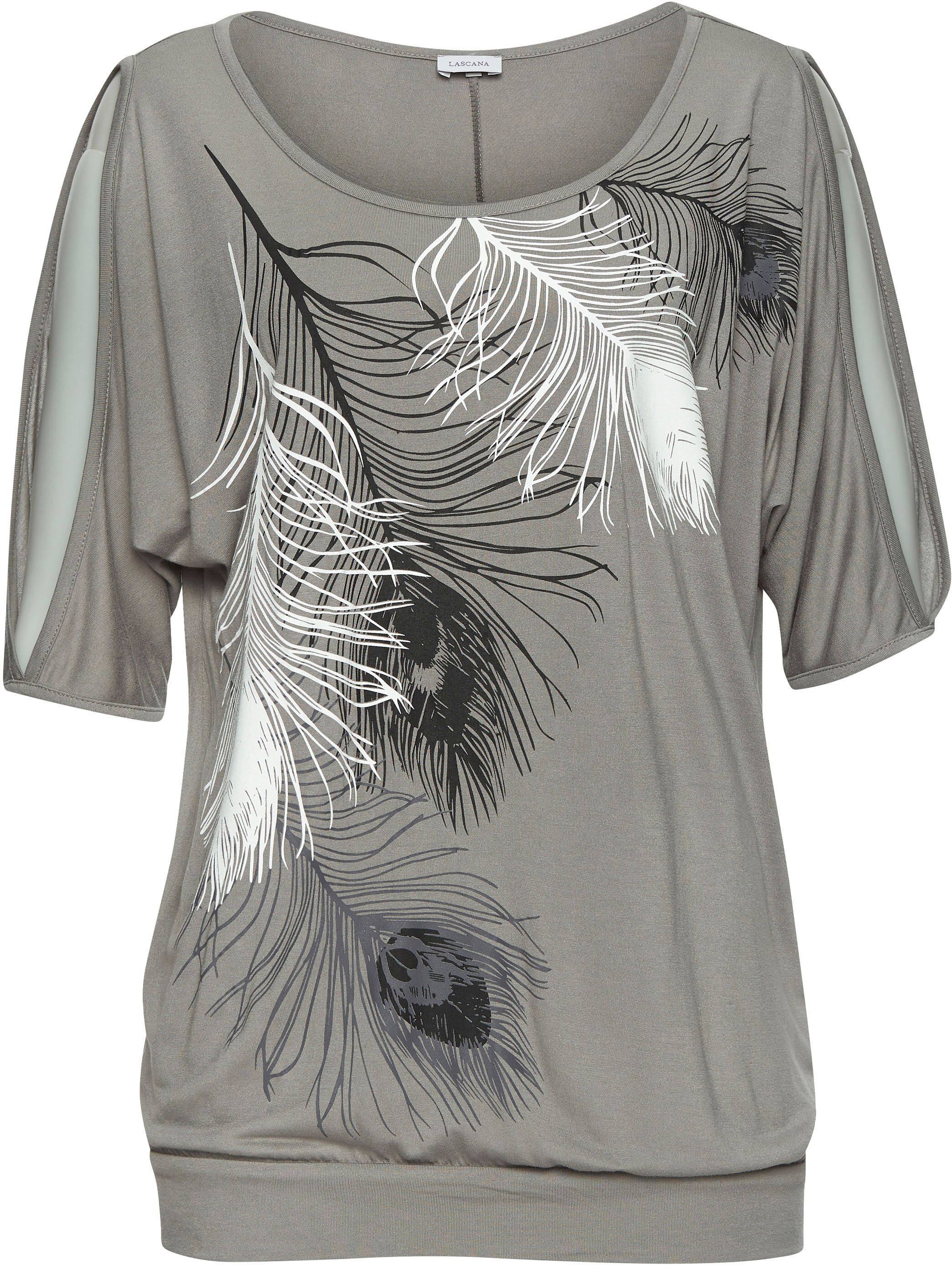 Strandshirt LASCANA, Damen, Gr. 48/50, grau (grau, bedruckt), Jersey, Obermaterial: 100% Viskose, bedruckt, figurumspielend hüftlang, Rundhals, Ärmel mit Ärmelschlitz, Shirts Strandshirt, mit Schlitzen an den Ärmeln, Kurzarmshirt, schulterfrei grau, bedru