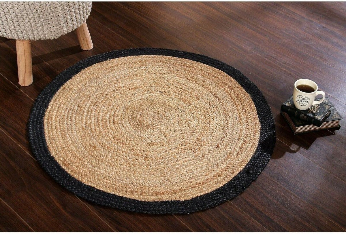Rond handgeweven jute vloerkleed met abstract boho design - Beige
