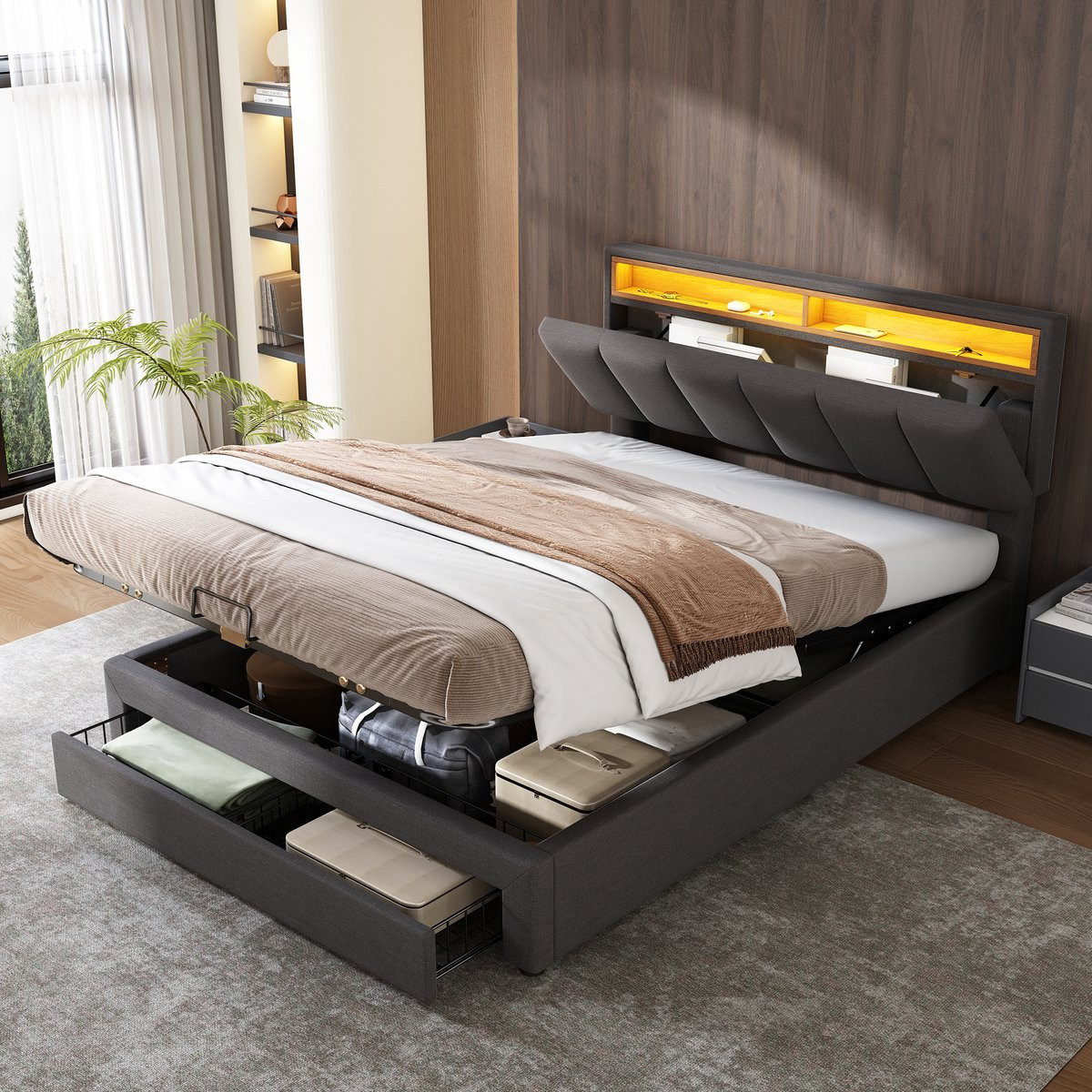 Polster Opbergbed met LED-verlichting en lades, Grijs Linnen, B/D: 140 x 200 cm