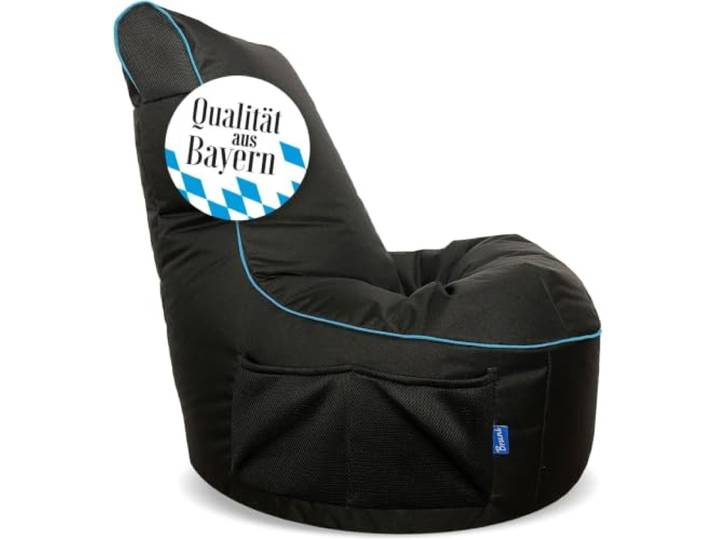 Bruni Cockpit – schwarzer Gaming-Sitzsack zum Zocken mit Lehne und Fach, Indoor und Outdoor geeignet, in Deutschland gefertigt (Schwarz/Blau)