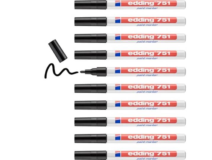 edding 751 lakmarker - zwart - 10 verfstiften - ronde punt 1-2 mm - verfstift voor markeren en labelen van metaal, glass, steen of plastic - hittebestendig, permanent, veegvast en watervast