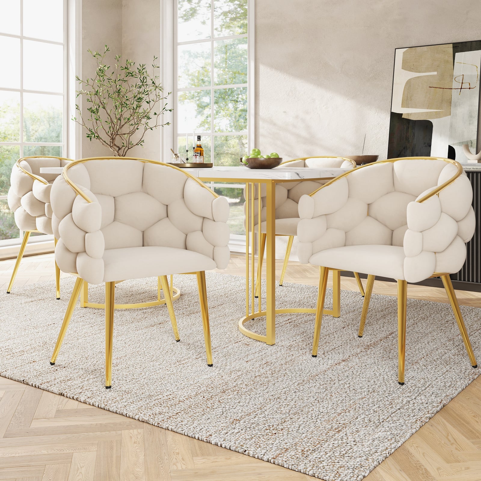 MODFU Set van 4 Fluweel Vergulde Eetkamerstoelen - Beige met Goudkleurige Poten