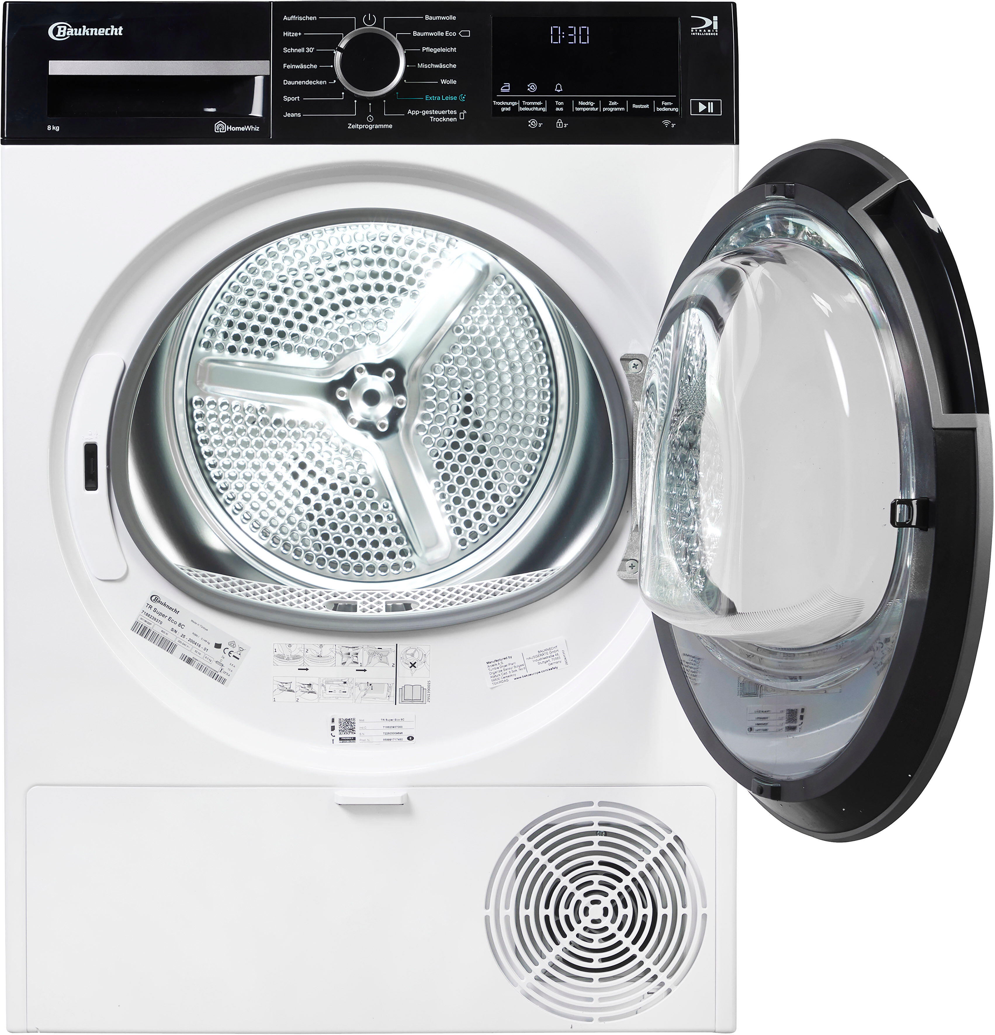 Bauknecht Wärmepumpentrockner "TR SUPER ECO 8C", Energieeffizienz: C, schwarz-weiß (weiß), B:59,8cm H:84,6cm T:60,7cm, Trockner, Adaptive Dry – optimiert Programme mit KI-Algorithmen, Wärmepumpentrockner
