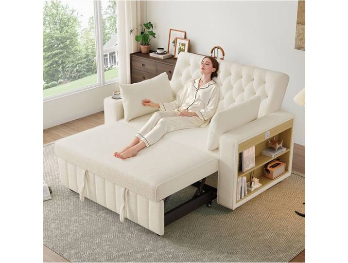 HOMVRA Canapé convertible 2 places en chenille beige dossier réglable 3 positions USB et 2 coussins