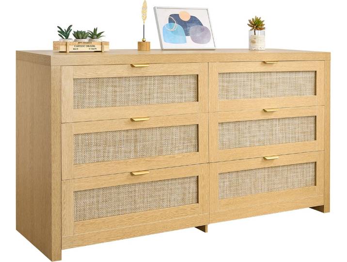 Commode en rotin VEVOR Armoire de rangement avec 6 tiroirs & poignées métalliques\, armoire moderne en rotin pour chambre à coucher salon entrée (144\,5 x 45 x 79\,5 cm) Armoire à vêtements armoire à tiroirs
