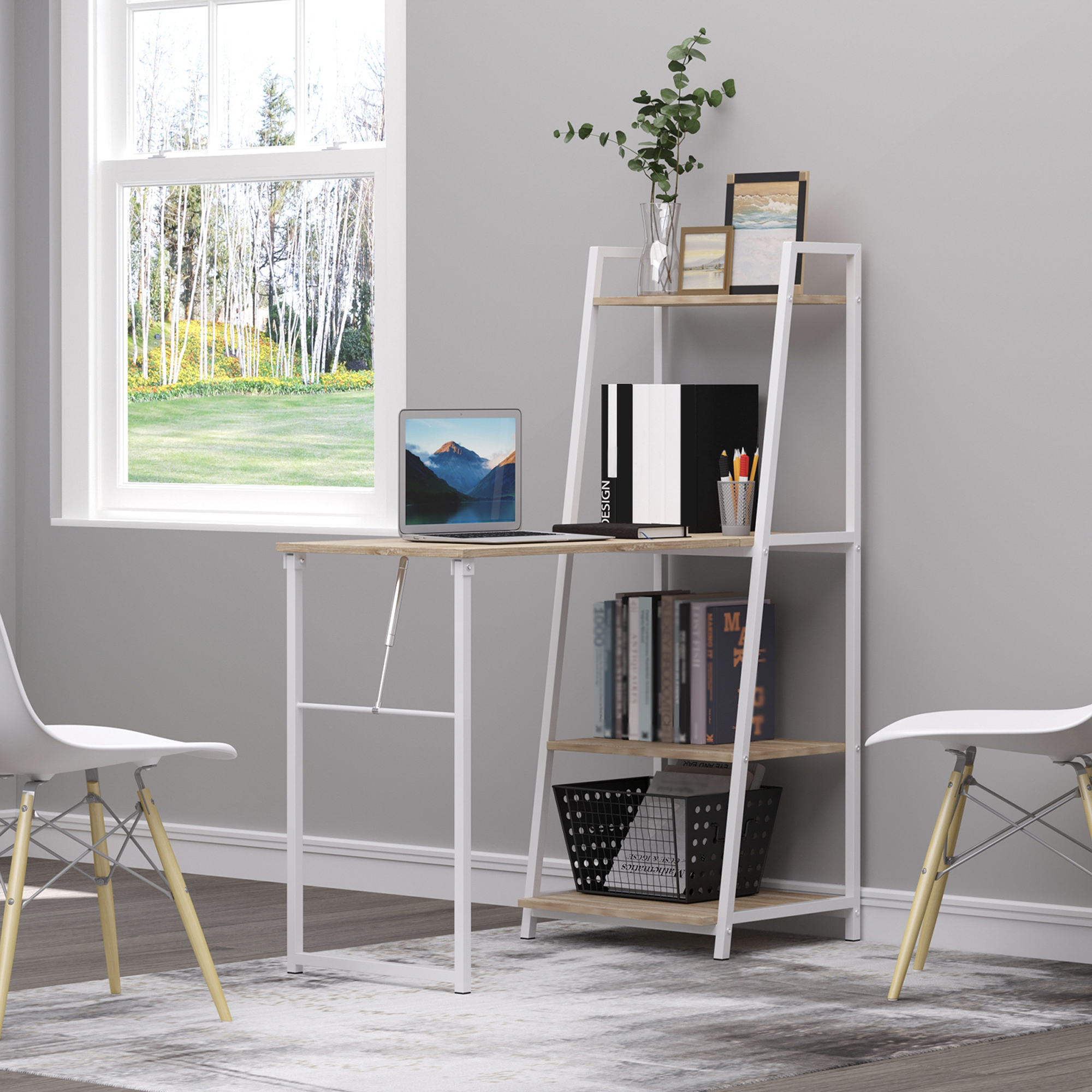 Homcom Scrivania con Libreria, 3 Ripiani,  Scrivania Pieghevole con Ampio Pianoin Legno, Telaio in Metallo, Bianco e Rovere, 106x48x128cm Aosom