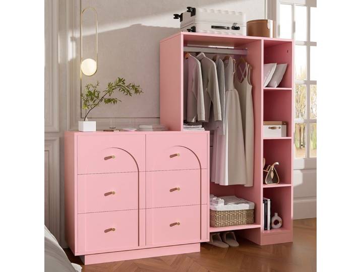 Armoire - ZEVKOR - 139×35×133 cm - 6 tiroirs - penderie ouverte - étagères latérales - Rose