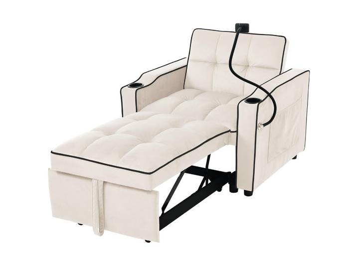 Flieks Sofa 3in1 Ausziehbar Schlaffunktion Getränkehalter Handyhalter Kleinraum, Beige, Holz, 75.57x23.5x52.71 cm, Babymöbel & Kindermöbel, Kinderzimmer & Jugendzimmer, Schlafsofas