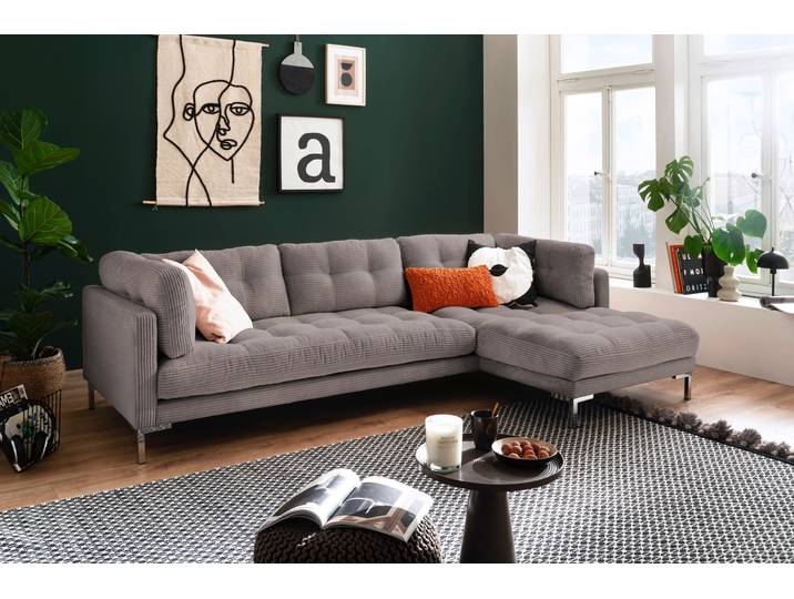 Ecksofa, Cord, Grau 275×158 cm, Recamiere Rechts, Gepolstert, Trends By HG