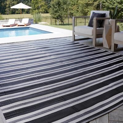 Alise Rugs Lalune Beach Stripe Polypropylene Reversible Plastic Straw Indoor Outdoor Area Rug