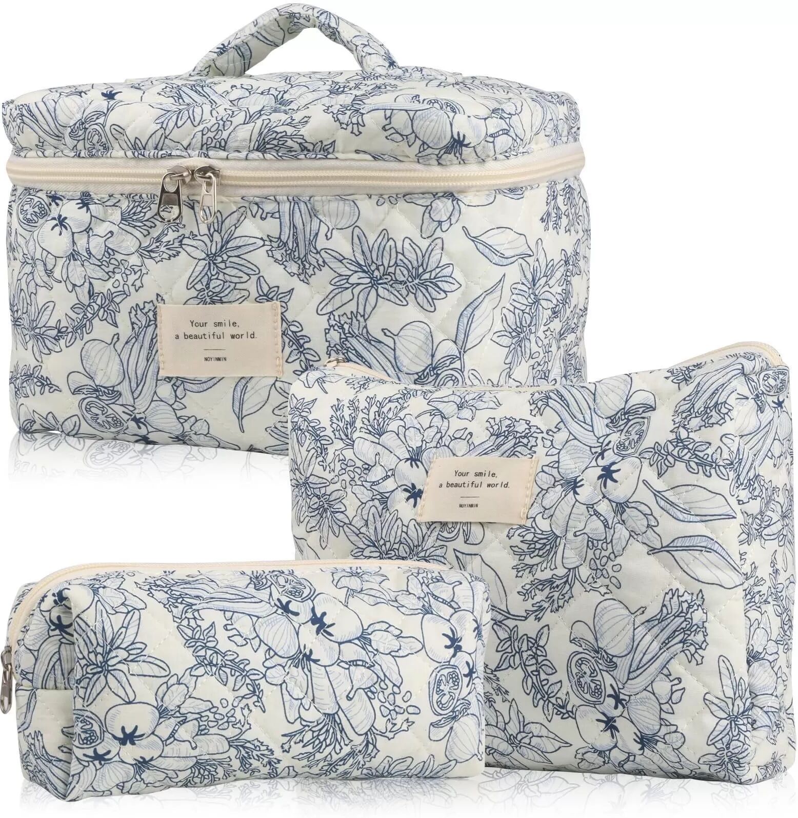 INF 3-teiliges tragbares, gestepptes Kosmetiktaschen-Set mit Blumenmuster – Leichter & erweiterbarer Reise-Kosmetik-Organizer Mehrfarbig3
