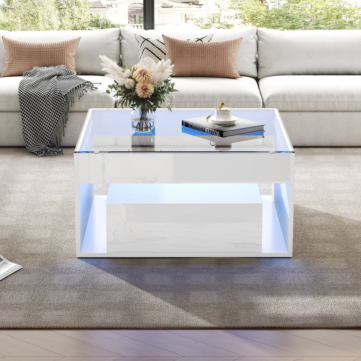 Salontafel met gehard glas, LED-verlichting en 2 laden in een hol ontwerp