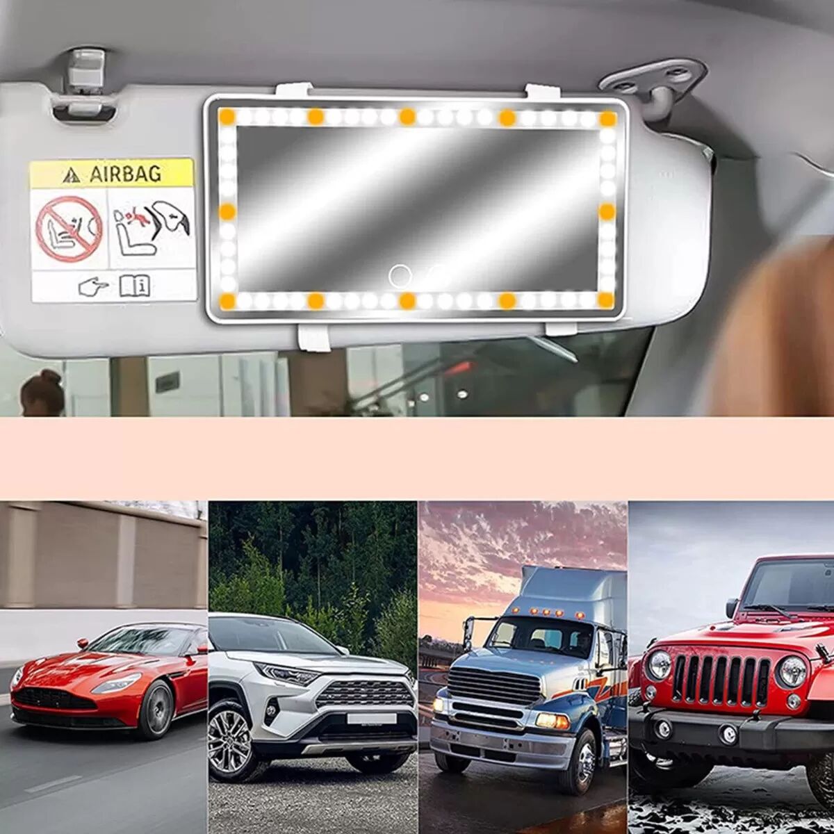INF Weißer LED Auto-Kosmetikspiegel - USB Typ-C betriebener Sonnenblenden-Make-up-Spiegel