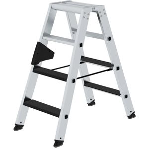 MUNK Stehleiter 41637, nivello-Leiterfüße, beidseitig begehbar, aus Aluminium, bis 150kg, mit 2 x 4 Stufen + clip-step R13