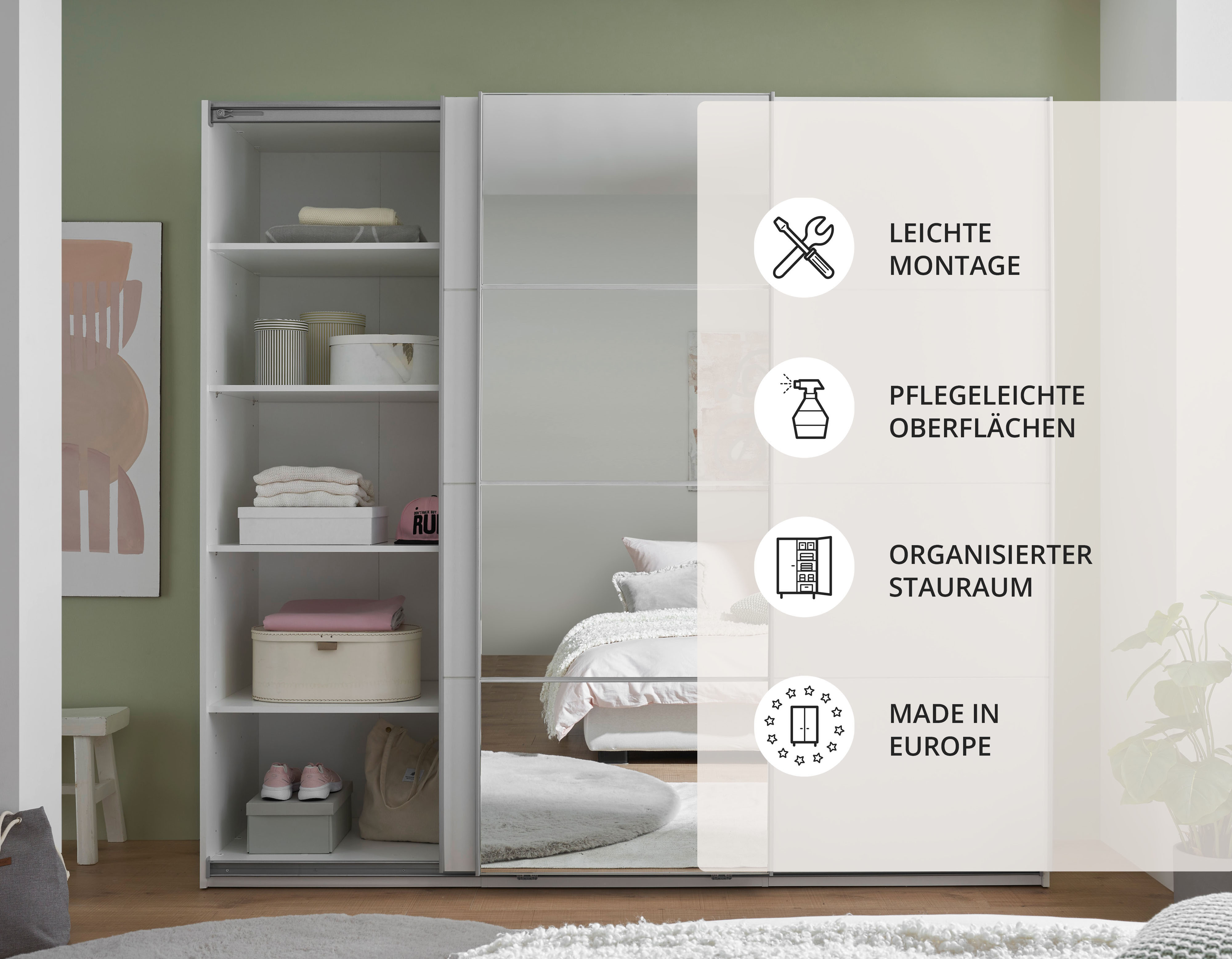 Schwebetürenschrank SCHLAFKONTOR "Carano Kleiderschrank, Schiebetürenschrank mit Spiegeltür", weiss (weiß, spiegel), B:215cm H:204cm T:63cm, Melamin, Schränke, Schwebetürenschrank weiß, spiegel B/H/T: 215cm x 204cm x 63cm, Schubladen: 3 Stk. Türen: 2 Stk.