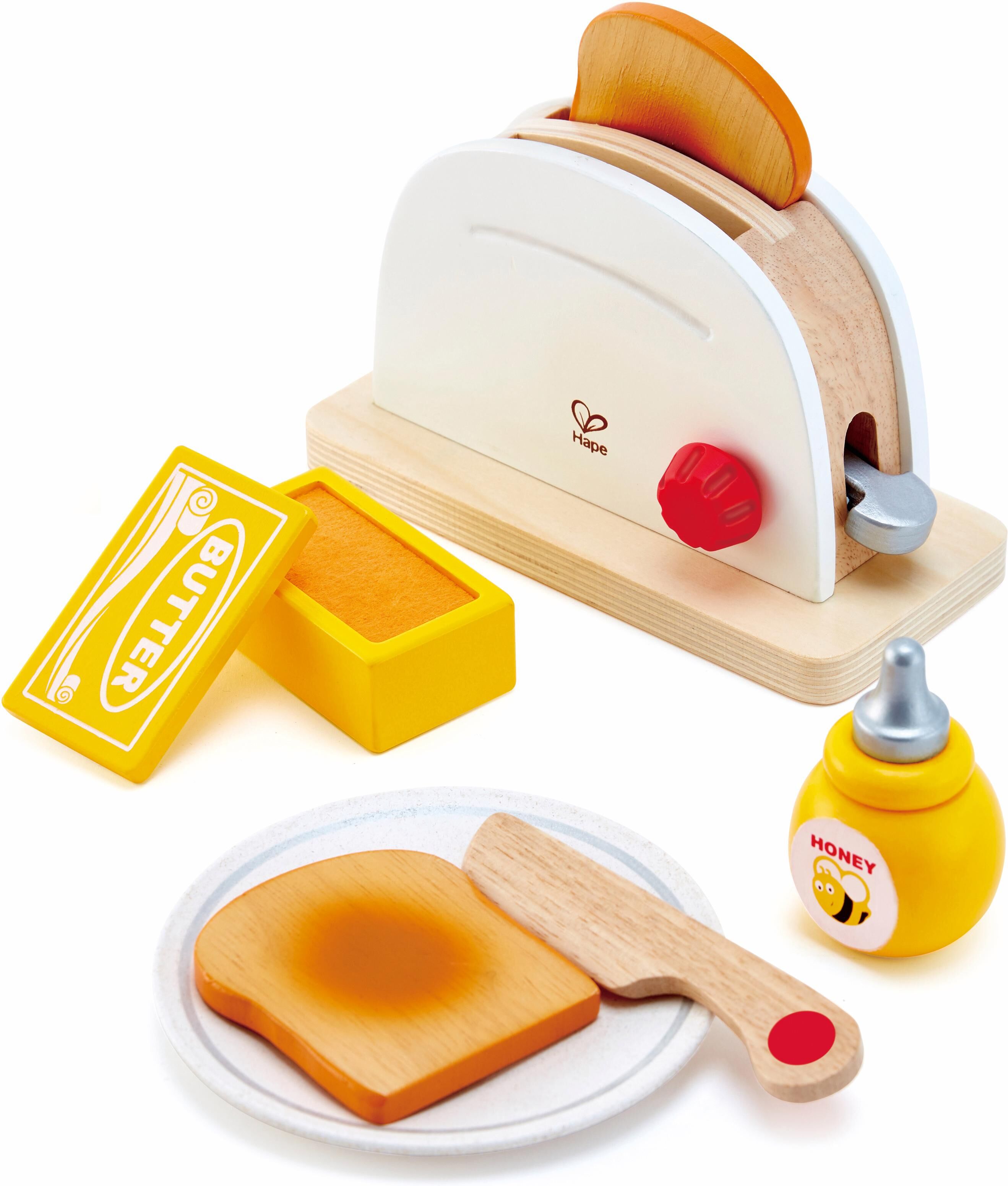 Kinder-Toaster HAPE "Pop-Up-Toaster-Set, 7-tlg.", gelb (natur, weiß, gelb), Spielzeug-Haushaltsgeräte, KinderB:18cm H:11,2cm T:18cm, Holz, Kinder-Toaster, aus Holz, B:18cm H:11,2cm T:18cm