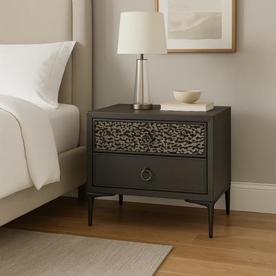 Benjara Kaira Nightstand, 2 USB Ports, Textured Metal Accents, Espresso Brown
