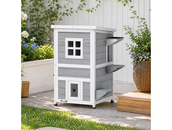 PawHut Maisonnette Chat 2 Étages Bois 51x51x81cm Blanc Gris