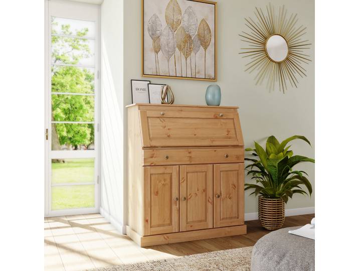 Sekretär GOODPRODUCT Rossi , beige (natur), B:97cm H:112cm T:43cm, Sekretäre, Sekretär, aus massiver Kiefer, variabel verstellbare Einlegeböden, Breite 97 cm