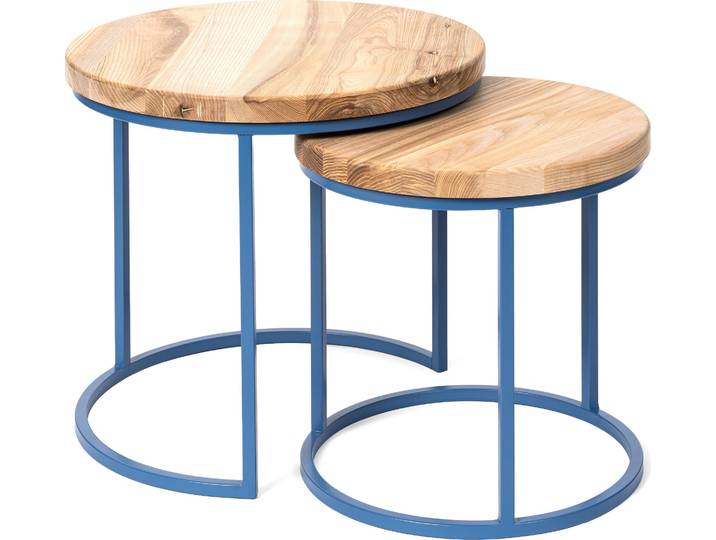 LAMO Manufaktur Table basse gigogne en bois rond - lot de 2 pièces - Table d'appoint bout de canapé pour salon\, chambre à coucher - Tables basses industrielles - Couleur : naturel\, pieds : bleu
