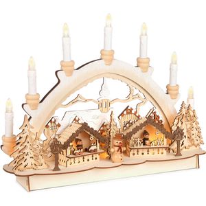 BRUBAKER Schwibbogen 5041, Weihnachtsmarkt, 7 LEDs mit Batterie- und Netzbetrieb, aus Holz, 41 x 31 cm