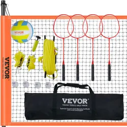 VEVOR Volleyballnetz Höhenverstellbares Badmintonnetz, 91,44 x 970 cm Tragbarer Beachvolleyball-Netz, Orange Volleyballnetz Faltbare Volleyballnetz mit Volleyball & Tragetasche & Badmintonschläger