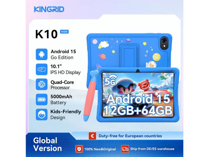 Tablette pour enfants KINGRID K10 10'' Android 15 4 Go de RAM + 8 Go extensibles 64 Go de ROM WiFi 5G Widevine L1 5000 mAh Tablette PC Android Contrôle parental